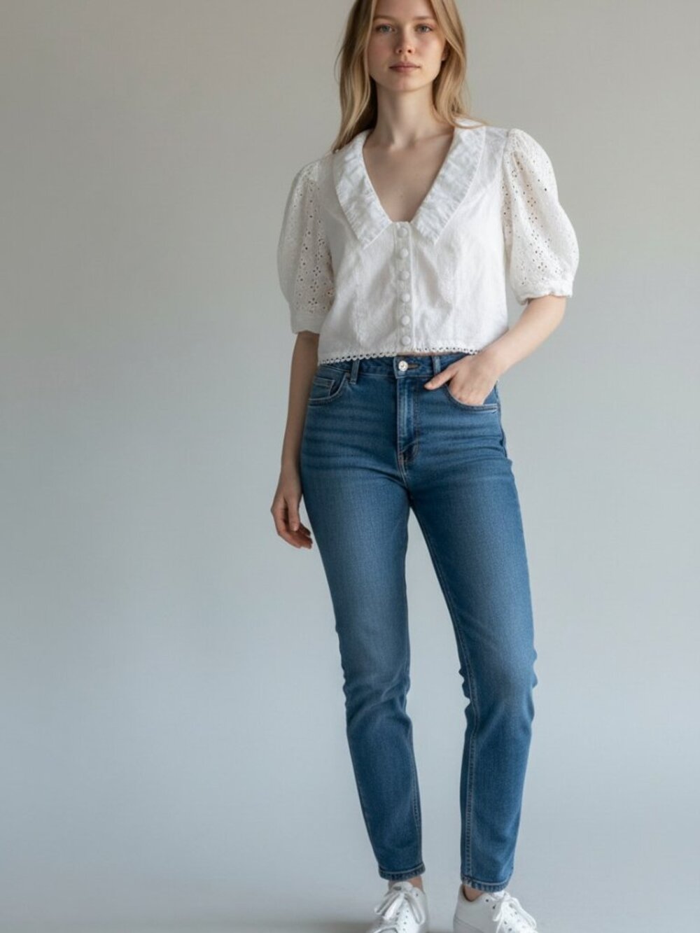 Milk & Honey White Eyelet Cropped Top Puff Sleeve Cotton Boho Blouse Sz S - Picture 1 of 8